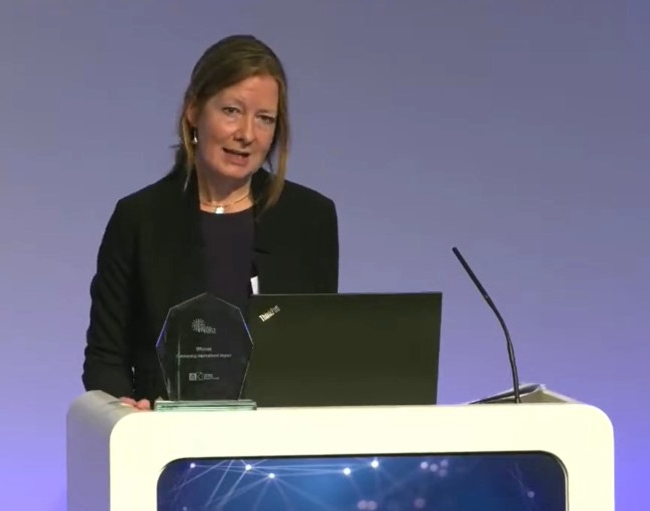 Professor Rachel Murray, Professor of International Human Rights at the University of Bristol Law School, giving her speech as the winner of the ESRC Outstanding International Impact Prize at the award ceremony on 15 November 2023.